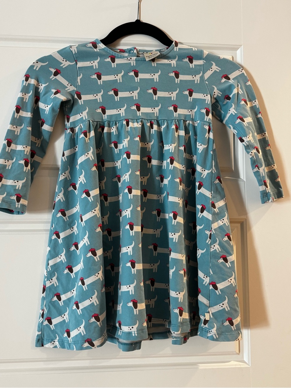 Girls' Frugi Organic Cotton Teal Long-Sleeve Dog Print Dress